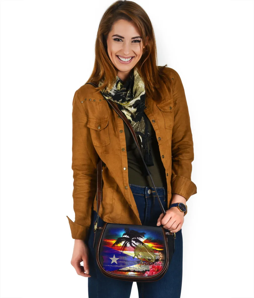 Boricua De Corazon Canvas Leather Trim Saddle Bag