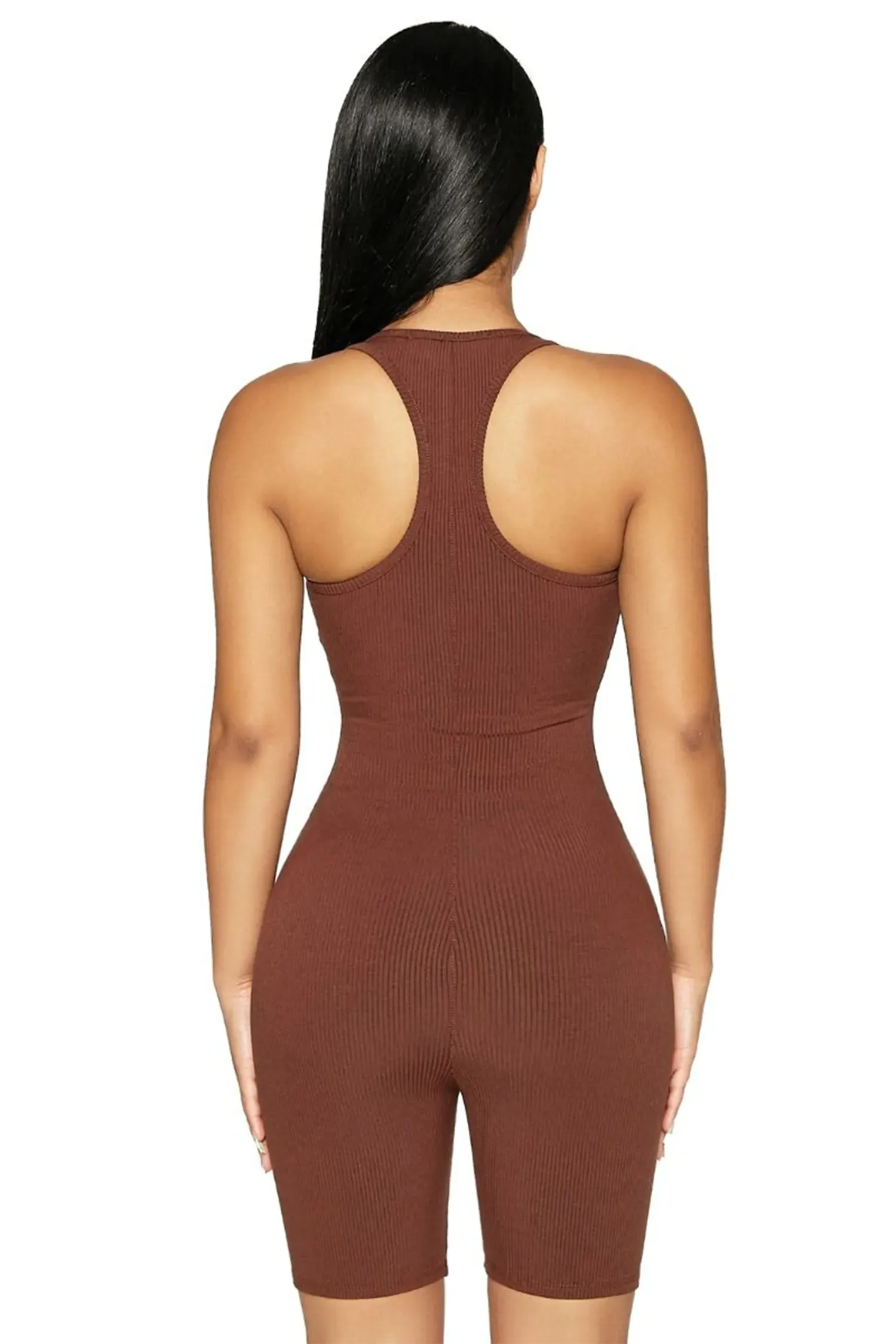 Brown Sleeveless Racerback Ribbed Biker Shorts Romper