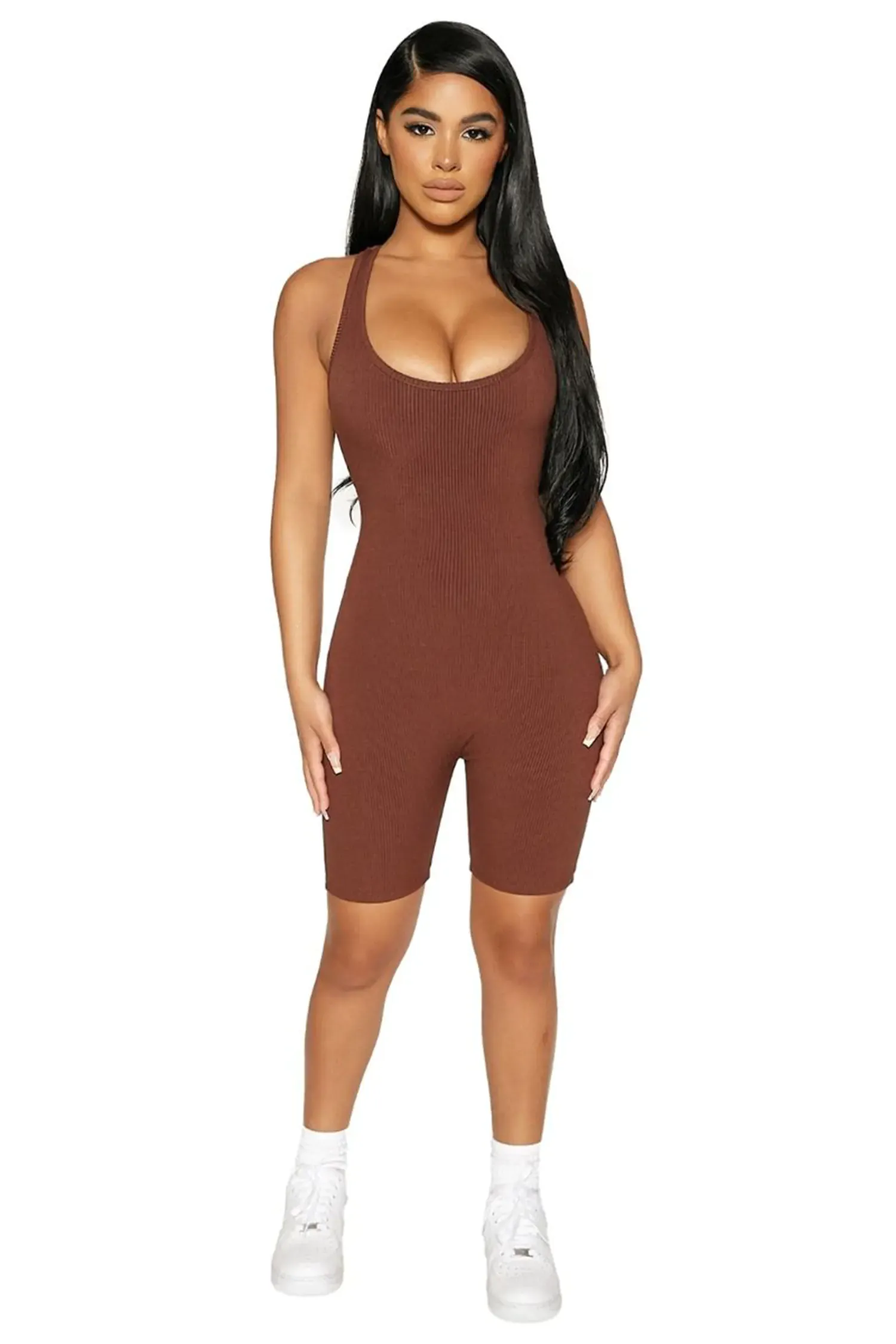 Brown Sleeveless Racerback Ribbed Biker Shorts Romper