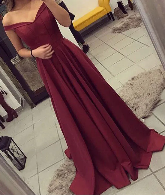 Burgundy off shoulder long prom dress, burgundy evening dress