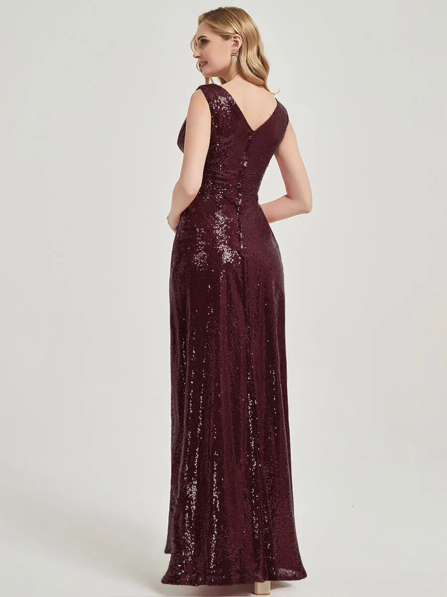 Cabernet V-Neck Sleeveless Empire Maxi Sequin Bridesmaid Dress