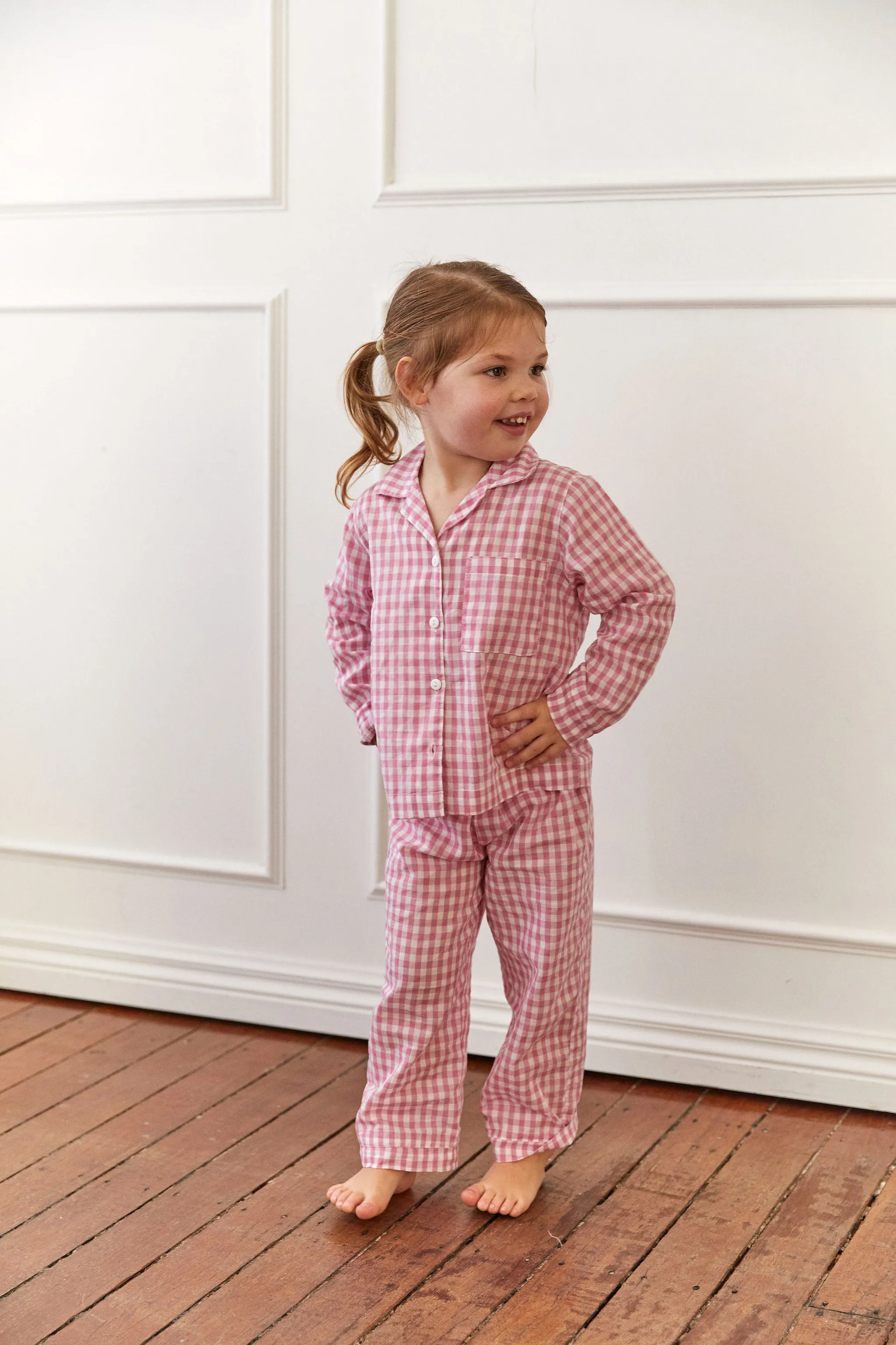 Children's Long Sleep Set - Cotton - Gingham - Berry