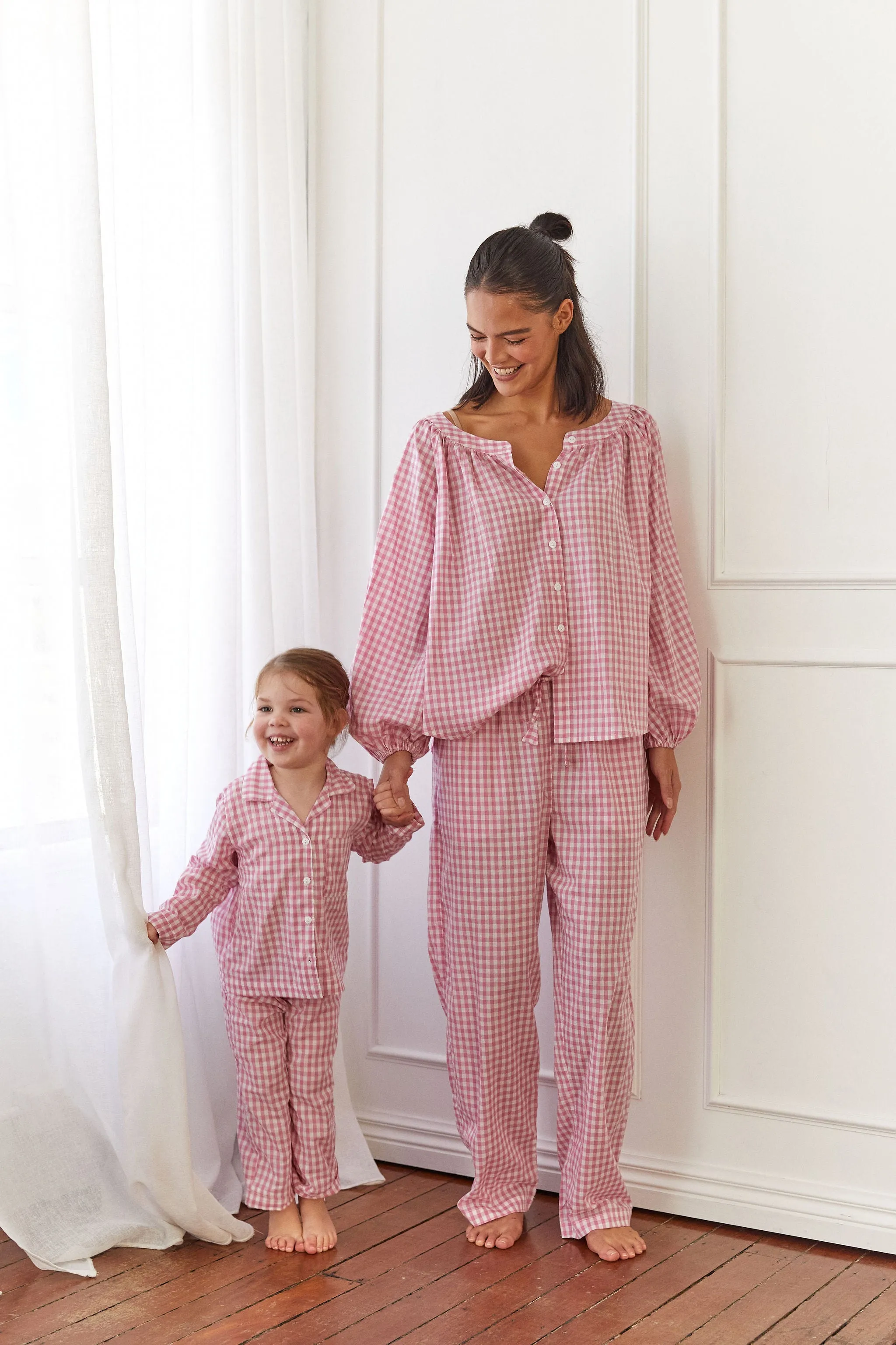 Children's Long Sleep Set - Cotton - Gingham - Berry