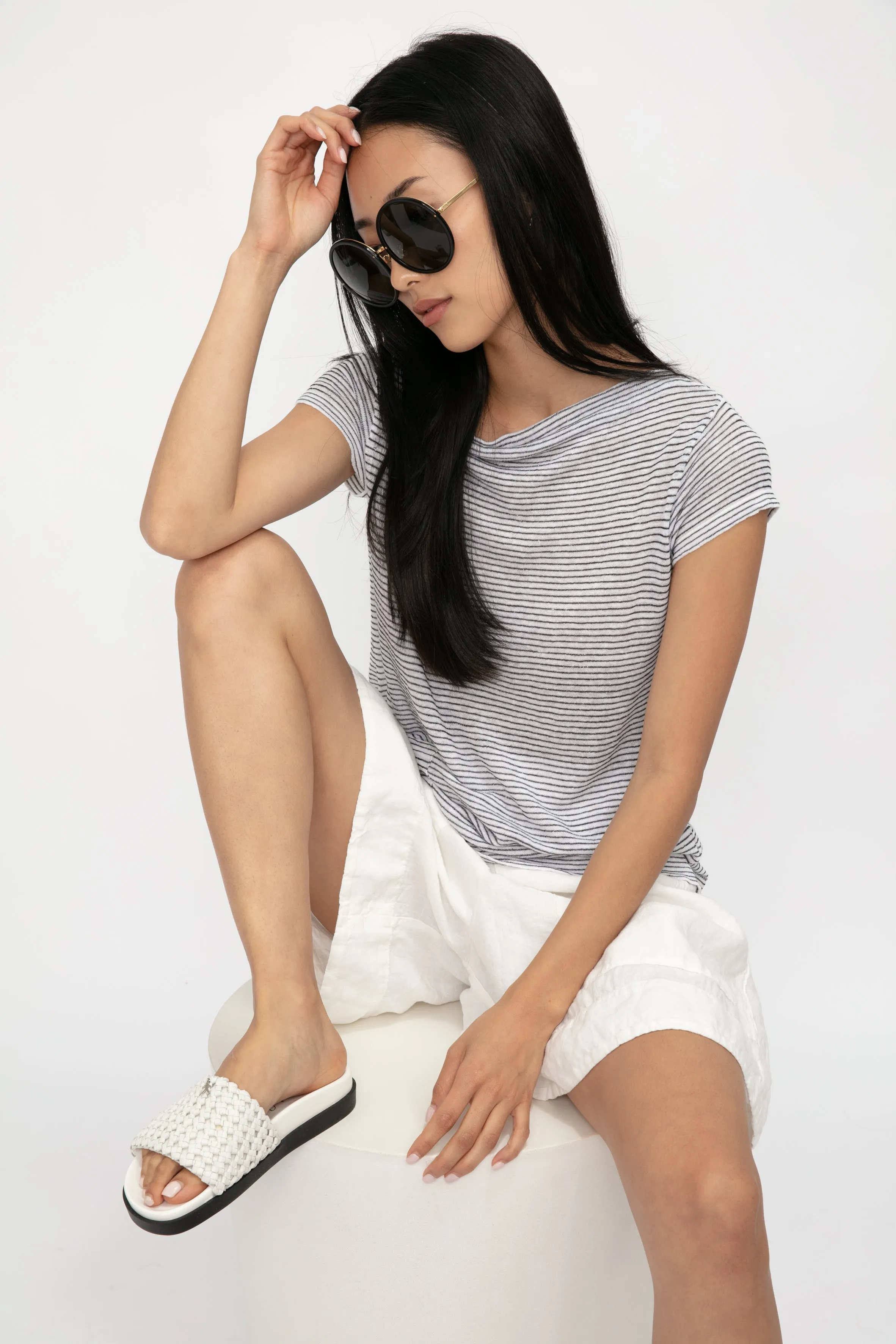 Cotton T-Shirt Top in Grey Stripe