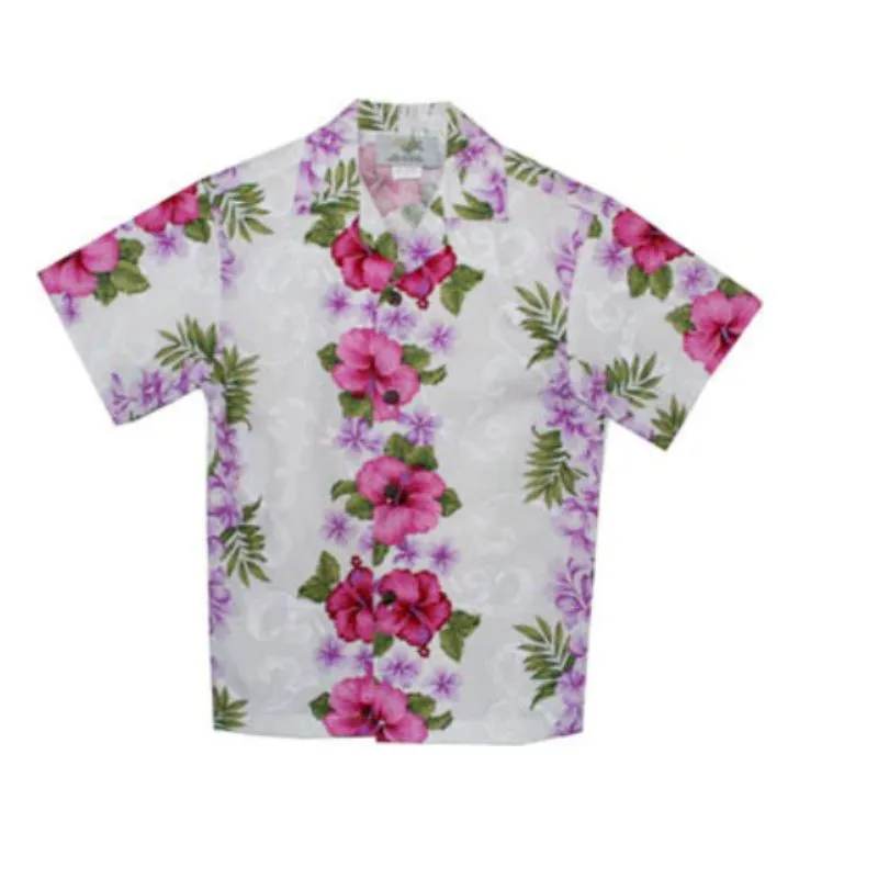 Cotton White Boy's Shirt with Pink Hibiscus