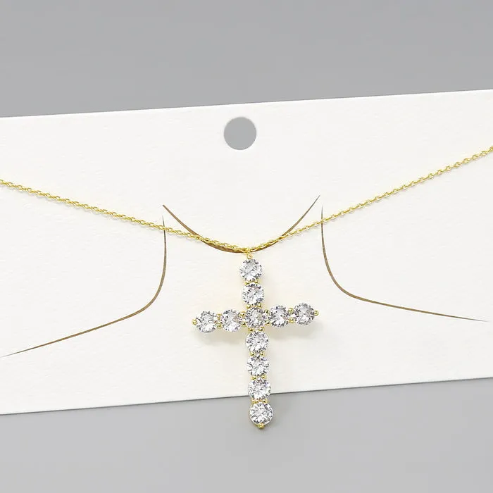 Cross CZ Pave Pendant Gold Dipped Short Necklace