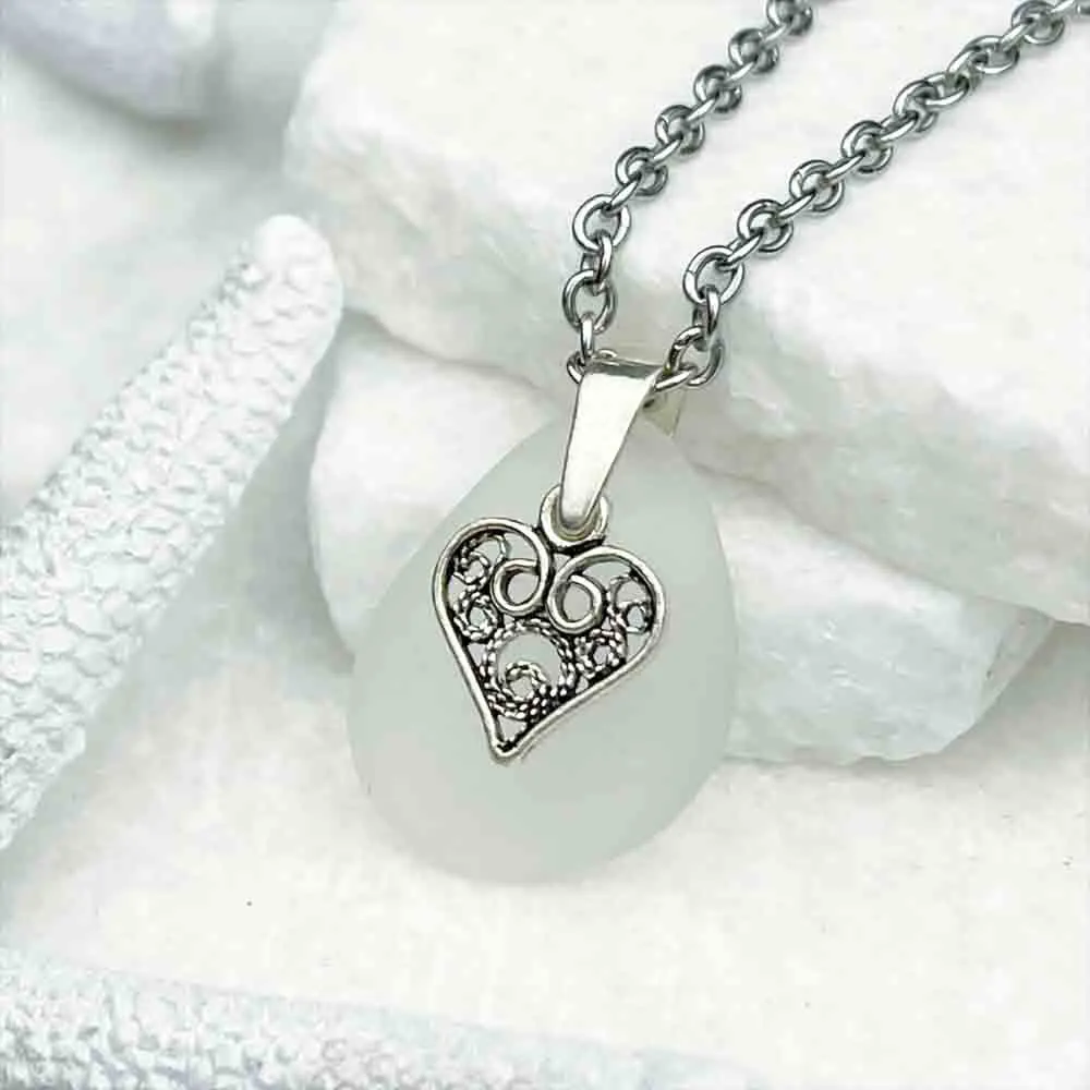 Crystal Clear Sea Glass Pendant with Detailed Sterling Silver Heart Charm  | #1935