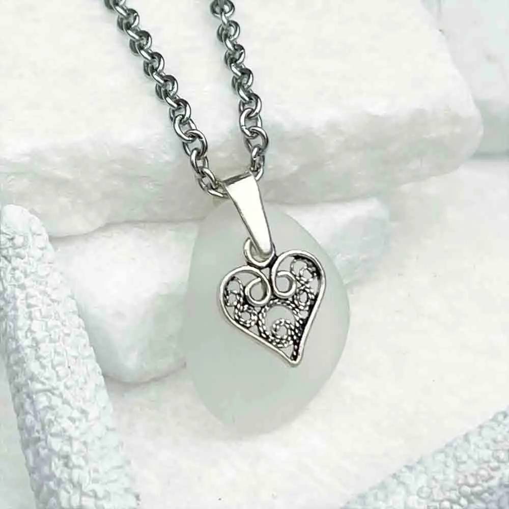 Crystal Clear Sea Glass Pendant with Detailed Sterling Silver Heart Charm  | #1935