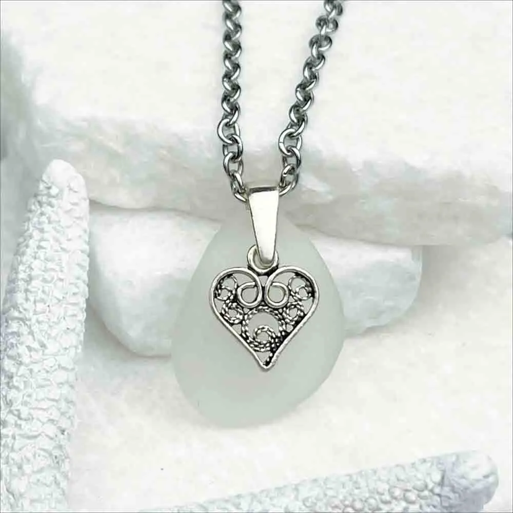 Crystal Clear Sea Glass Pendant with Detailed Sterling Silver Heart Charm  | #1935