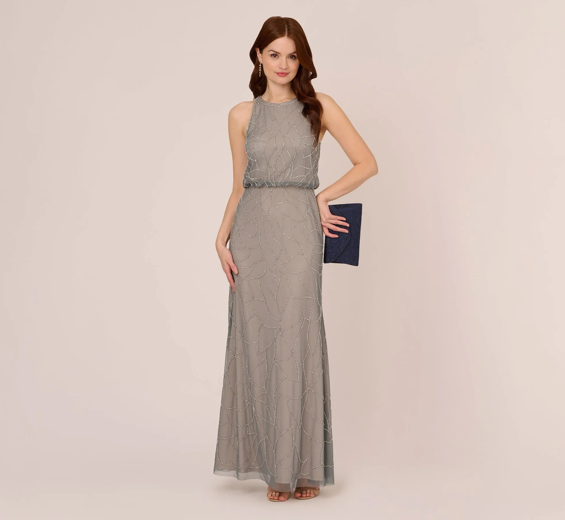 Deco Floral Beaded Blouson Gown With Halter Neckline In Pewter Silver