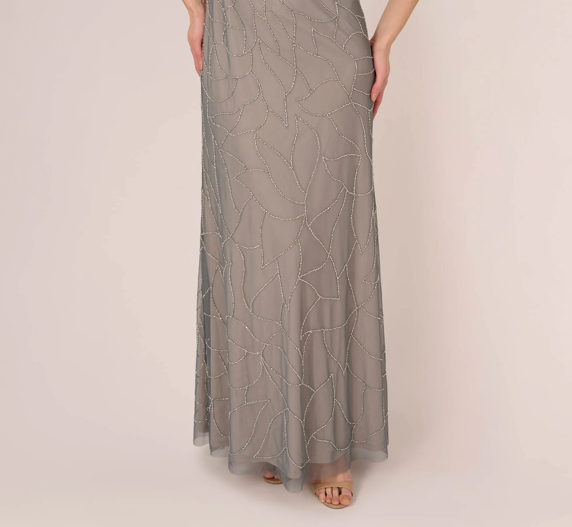 Deco Floral Beaded Blouson Gown With Halter Neckline In Pewter Silver