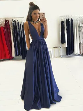 Deep V-neck Long A-line Navy Prom Dresses