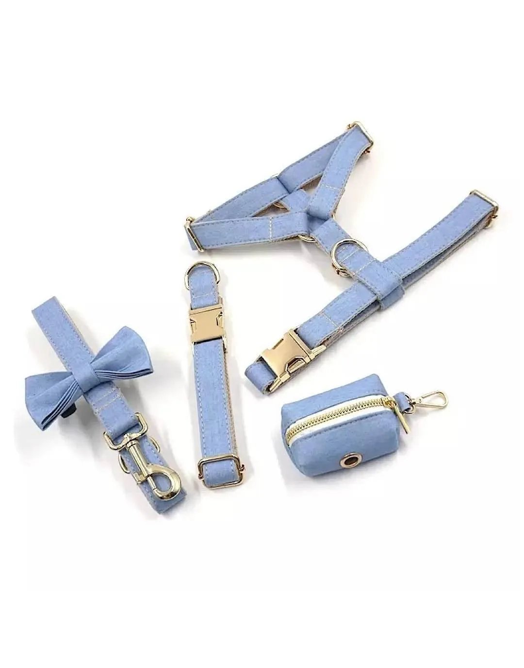 Denim Gold Dog Pets Harness Collar And Leash Set