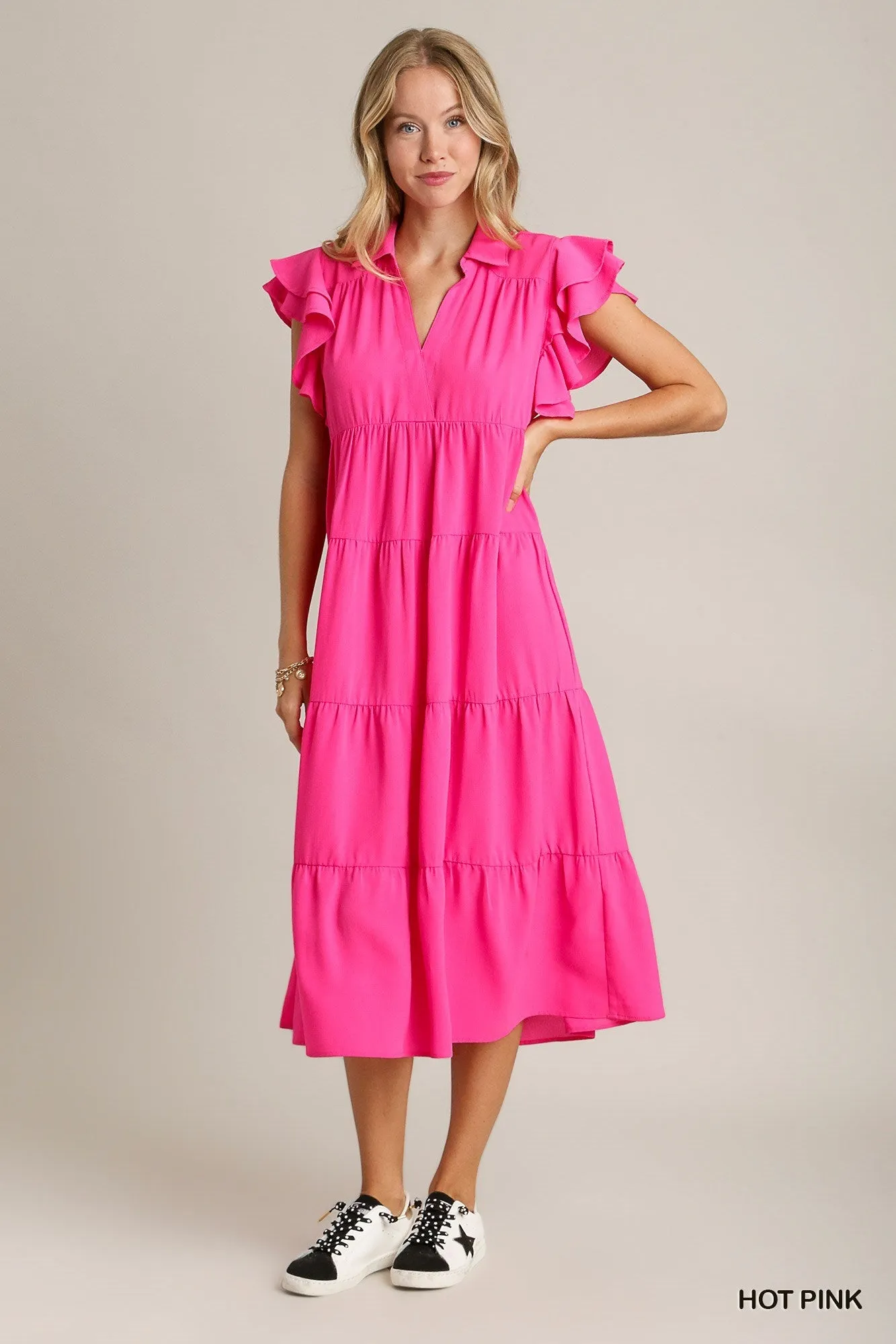 Doing My Best Tiered Midi Dress  Hot Pink