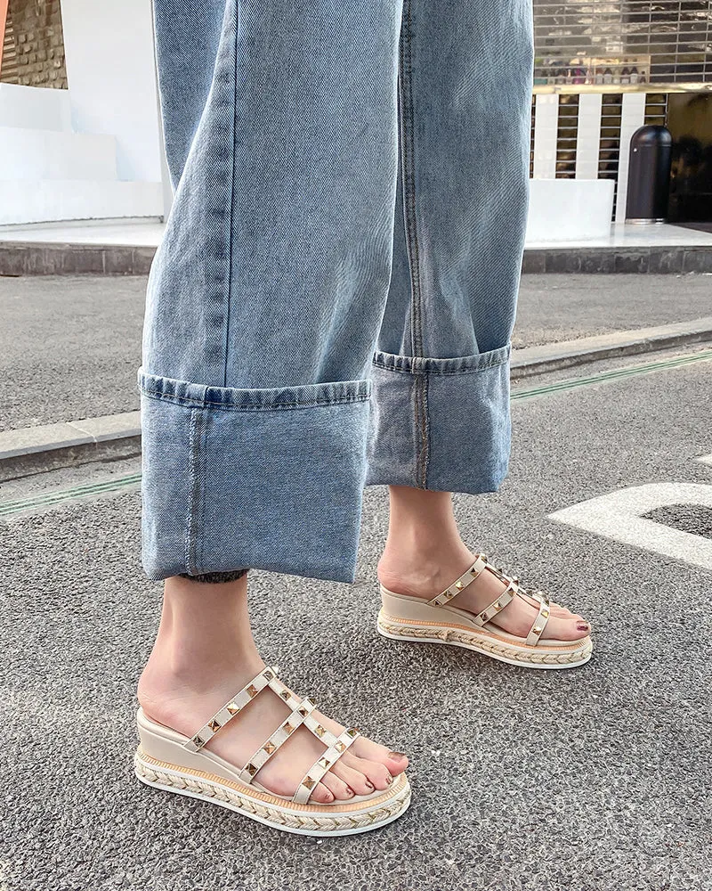 Espadrille Wedges Slides Rivets Sandals