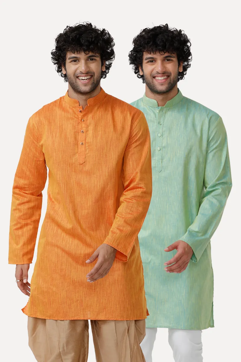 Exotic - Orange and Pista Green Long Kurta Combo for Men | Uathayam