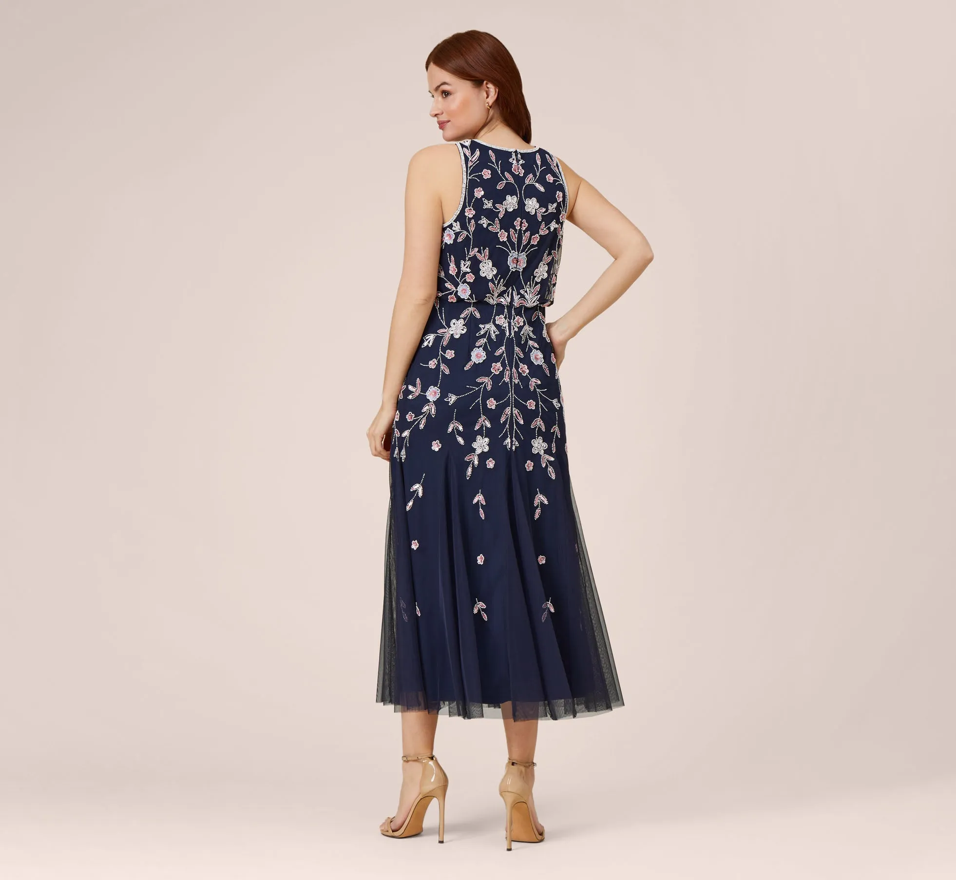 Floral Beaded Blouson Tea Length Dress In Navy Blush