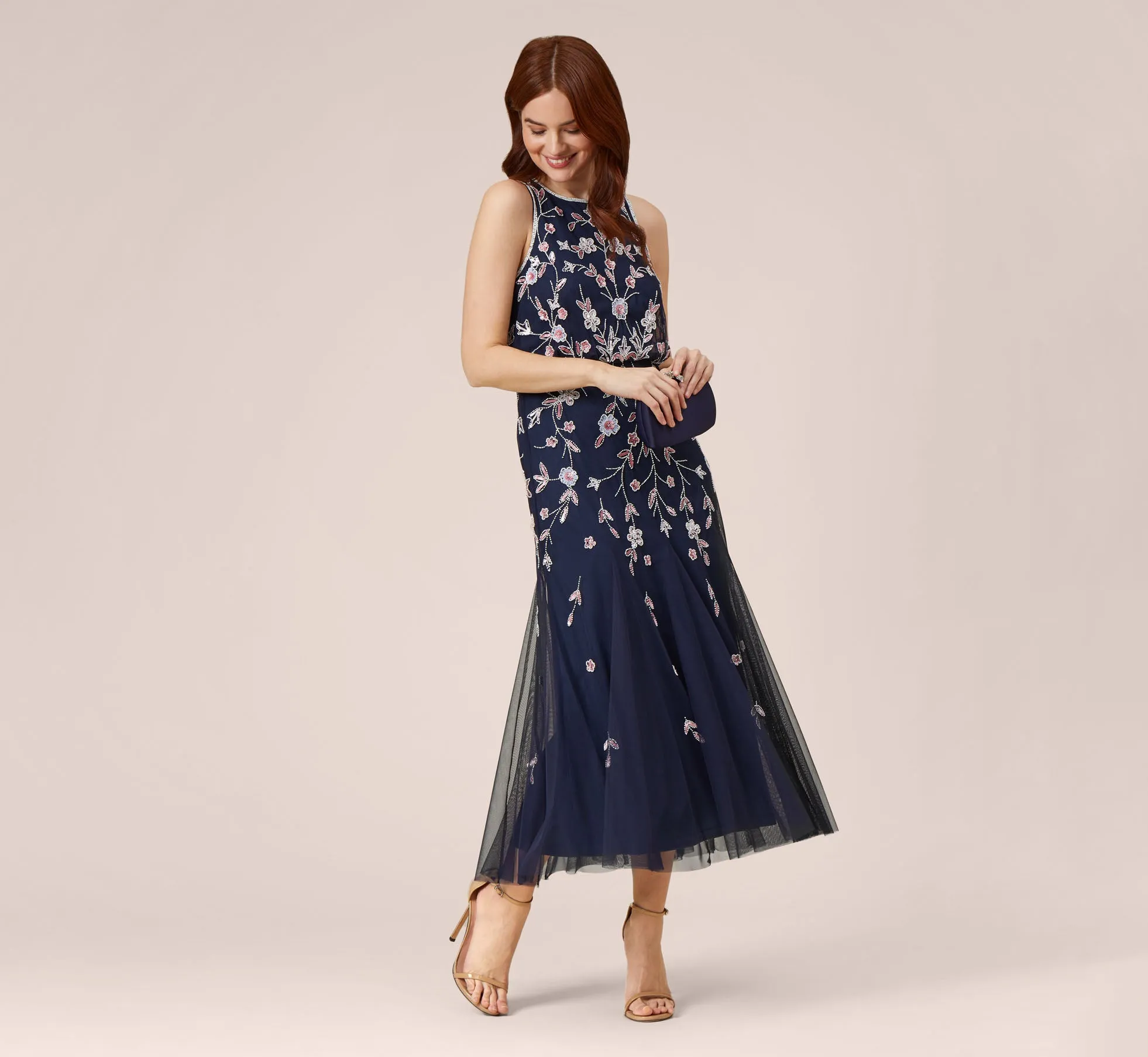 Floral Beaded Blouson Tea Length Dress In Navy Blush