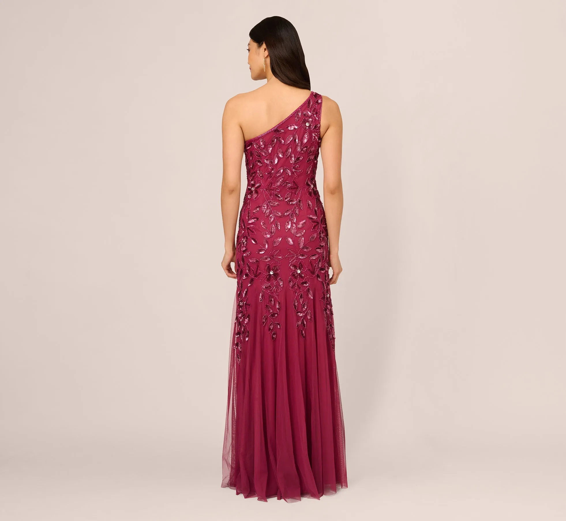 Floral Beaded One Shoulder Mermaid Gown With Godet Skirt In Shiraz