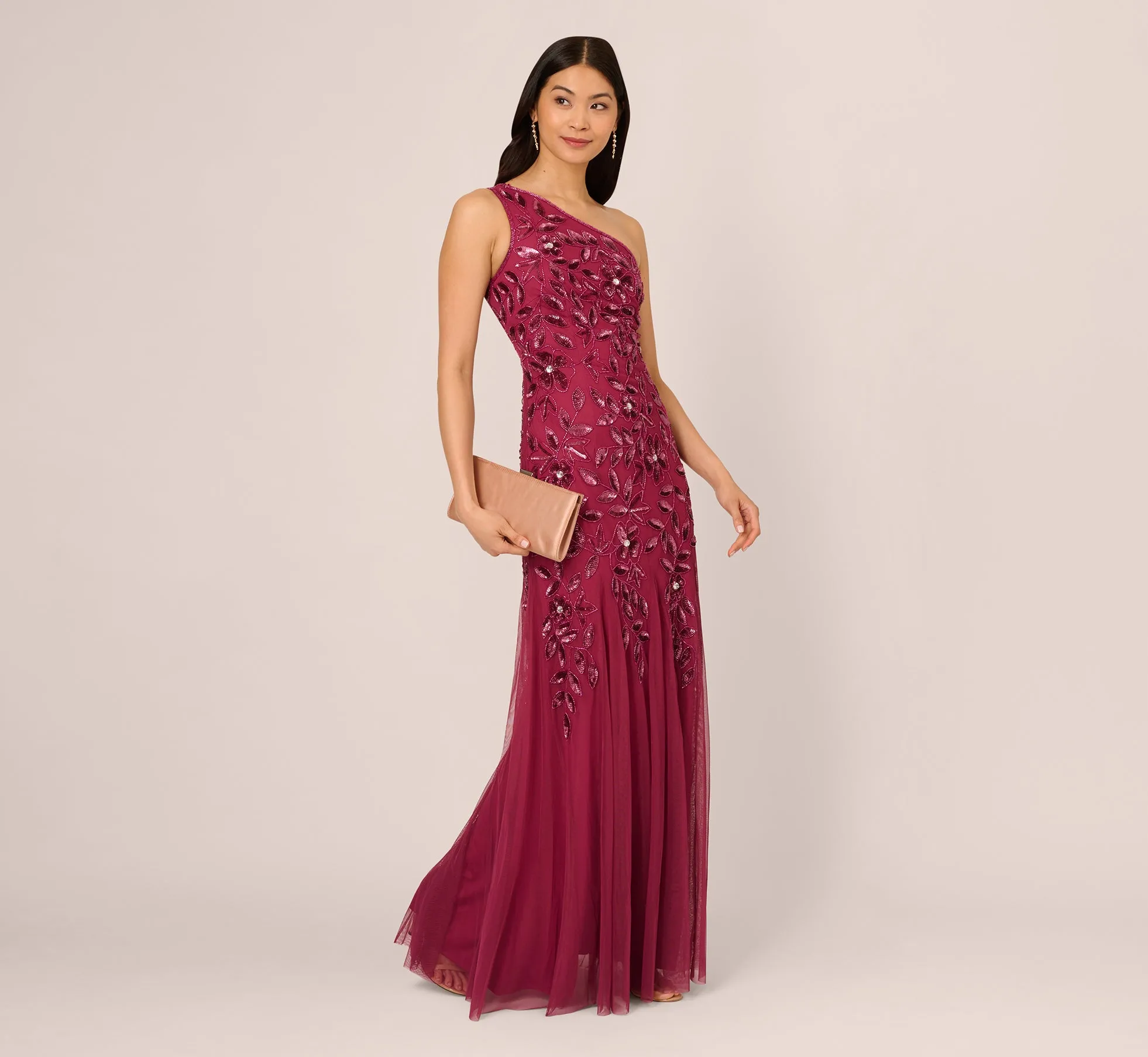 Floral Beaded One Shoulder Mermaid Gown With Godet Skirt In Shiraz