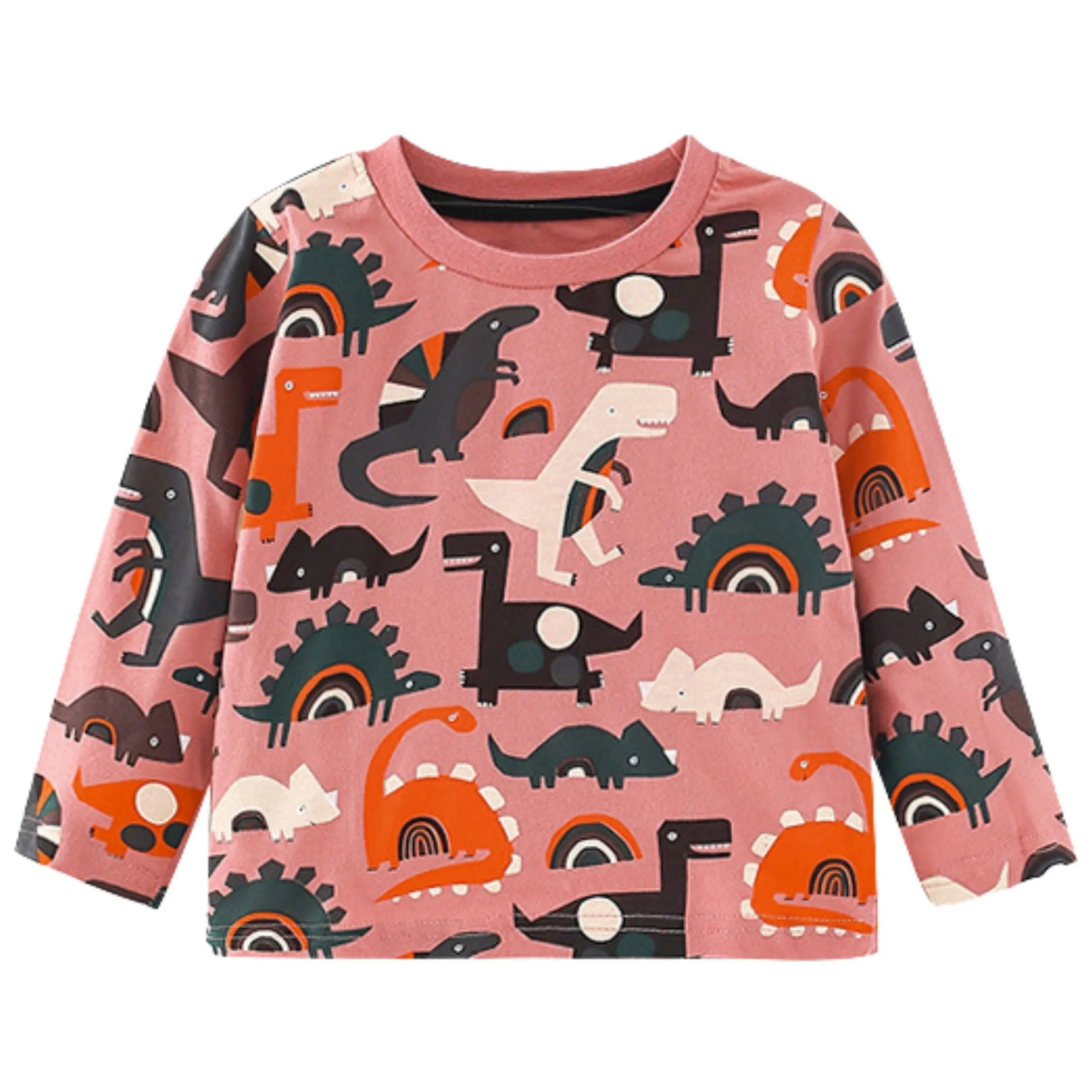 Full Sleeve Dino & Rainbow Pattern Girls Sweatshirt, Pink