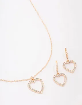 Gold Diamante Heart Necklace & Earring Jewellery Set