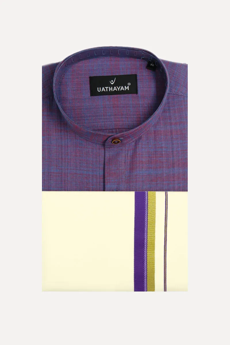 Iconic - Violet Short Kurta Kora Double Dhoti Set For Men (Assorted Borders) | Uathayam