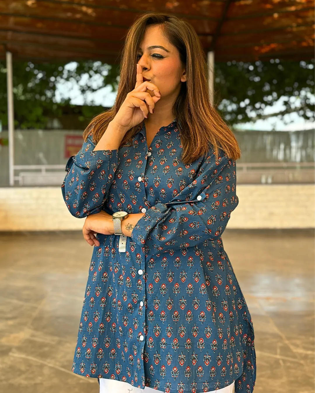 Indigo Floral Printed Cotton Aline Shirt