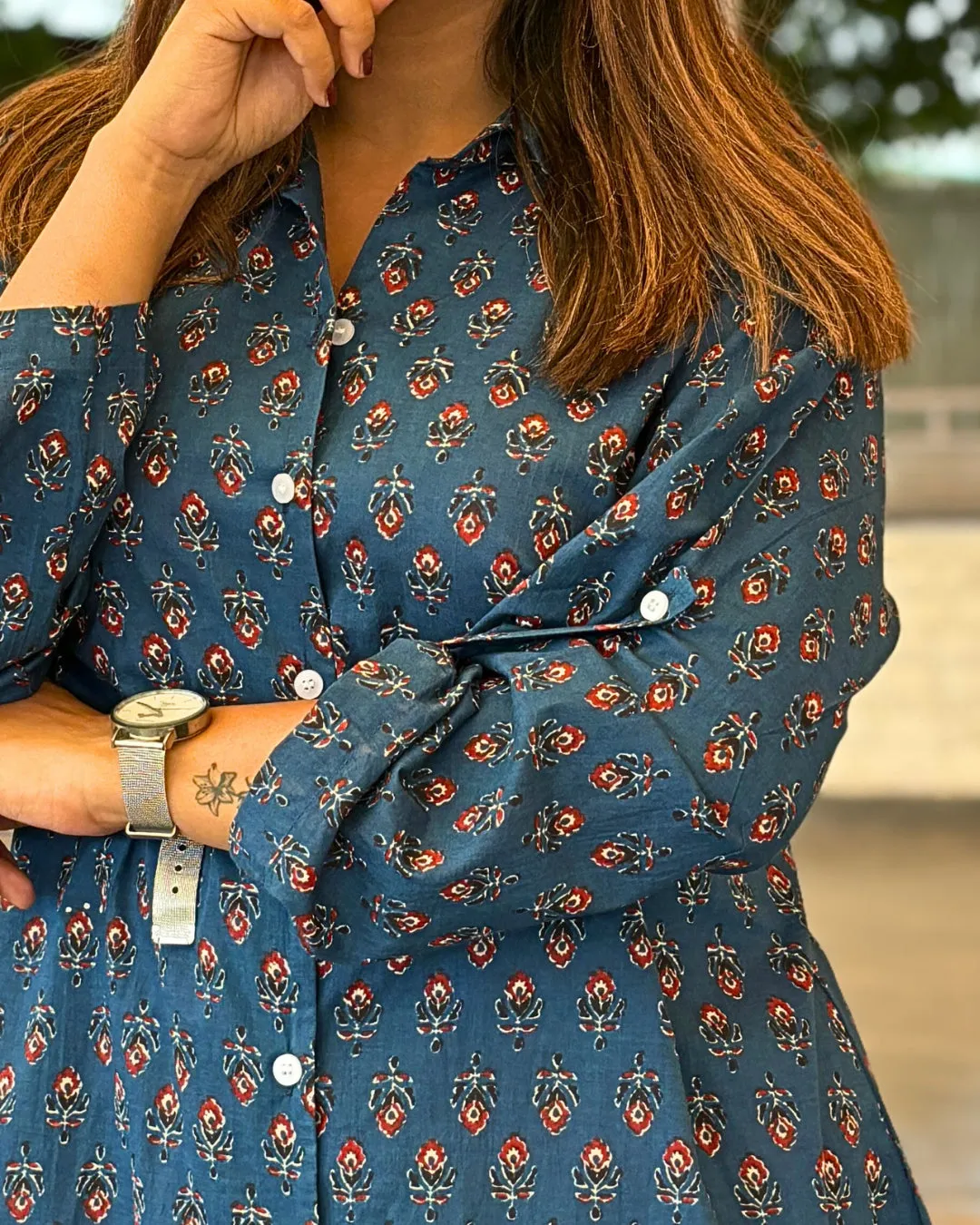 Indigo Floral Printed Cotton Aline Shirt