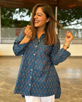 Indigo Floral Printed Cotton Aline Shirt