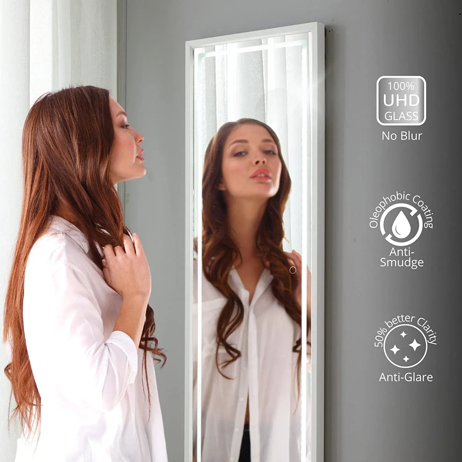 LED Full-Length Mirror with Dimmable Lighting for Bedroom or Dressing Room White