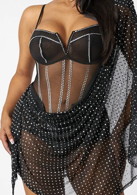 Lourdes Rhinestone Sheer Mesh See Through Overlay Mini Dress