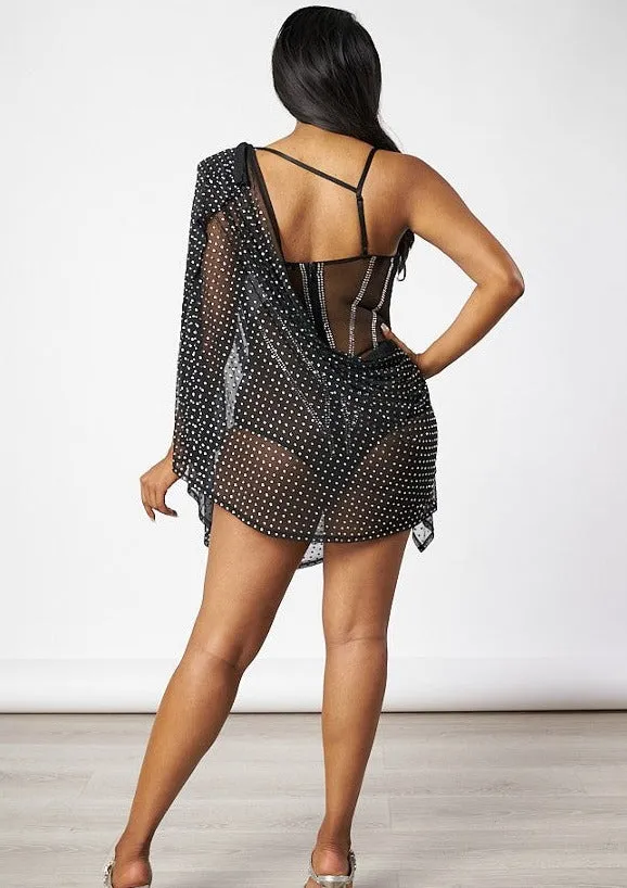 Lourdes Rhinestone Sheer Mesh See Through Overlay Mini Dress