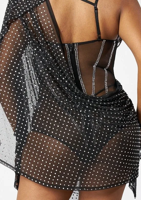 Lourdes Rhinestone Sheer Mesh See Through Overlay Mini Dress