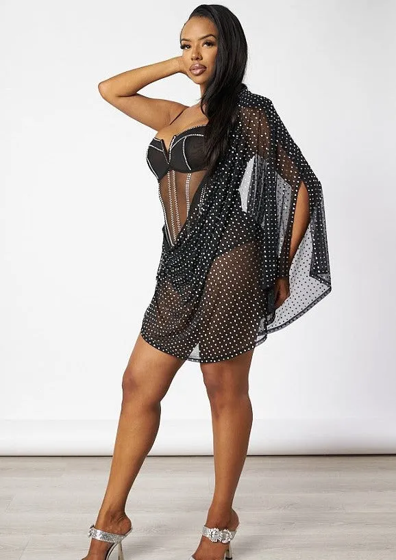 Lourdes Rhinestone Sheer Mesh See Through Overlay Mini Dress