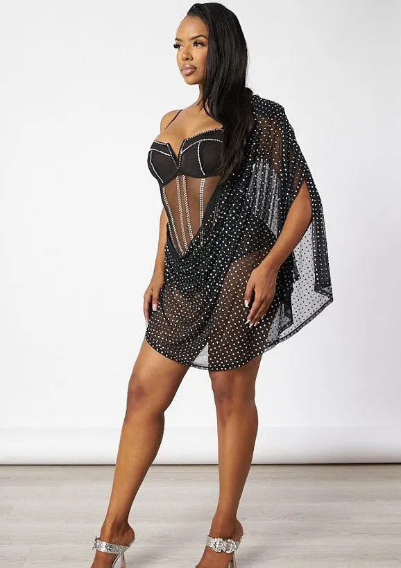 Lourdes Rhinestone Sheer Mesh See Through Overlay Mini Dress