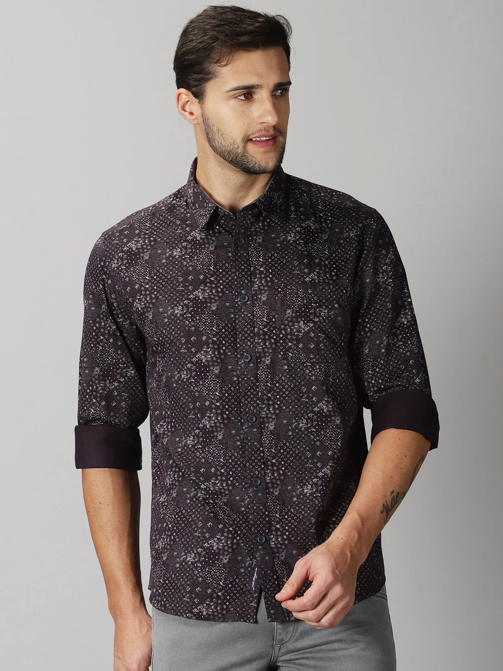 MEN'S BROWN PRINT SLIM FIT SHIRT