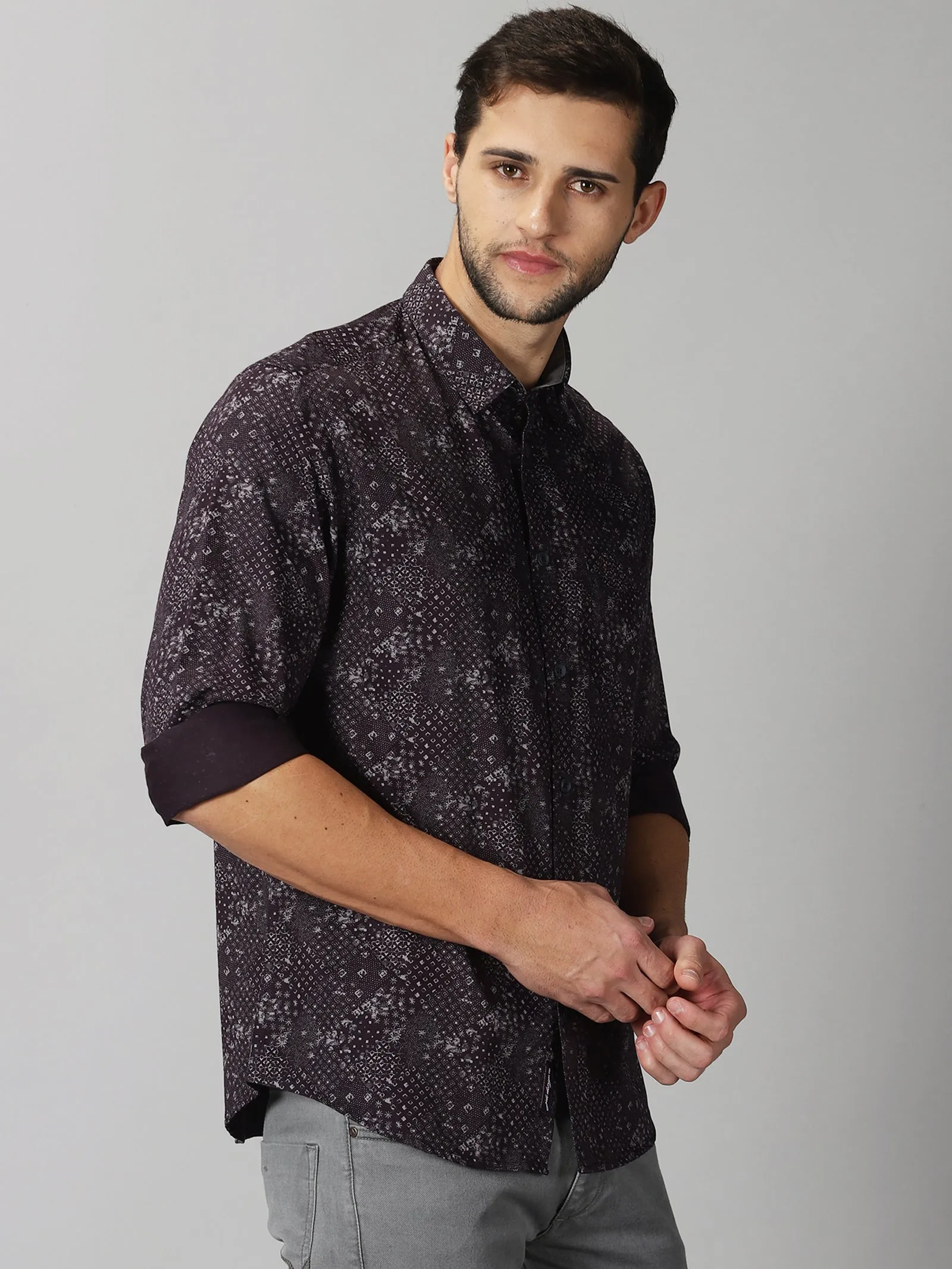 MEN'S BROWN PRINT SLIM FIT SHIRT