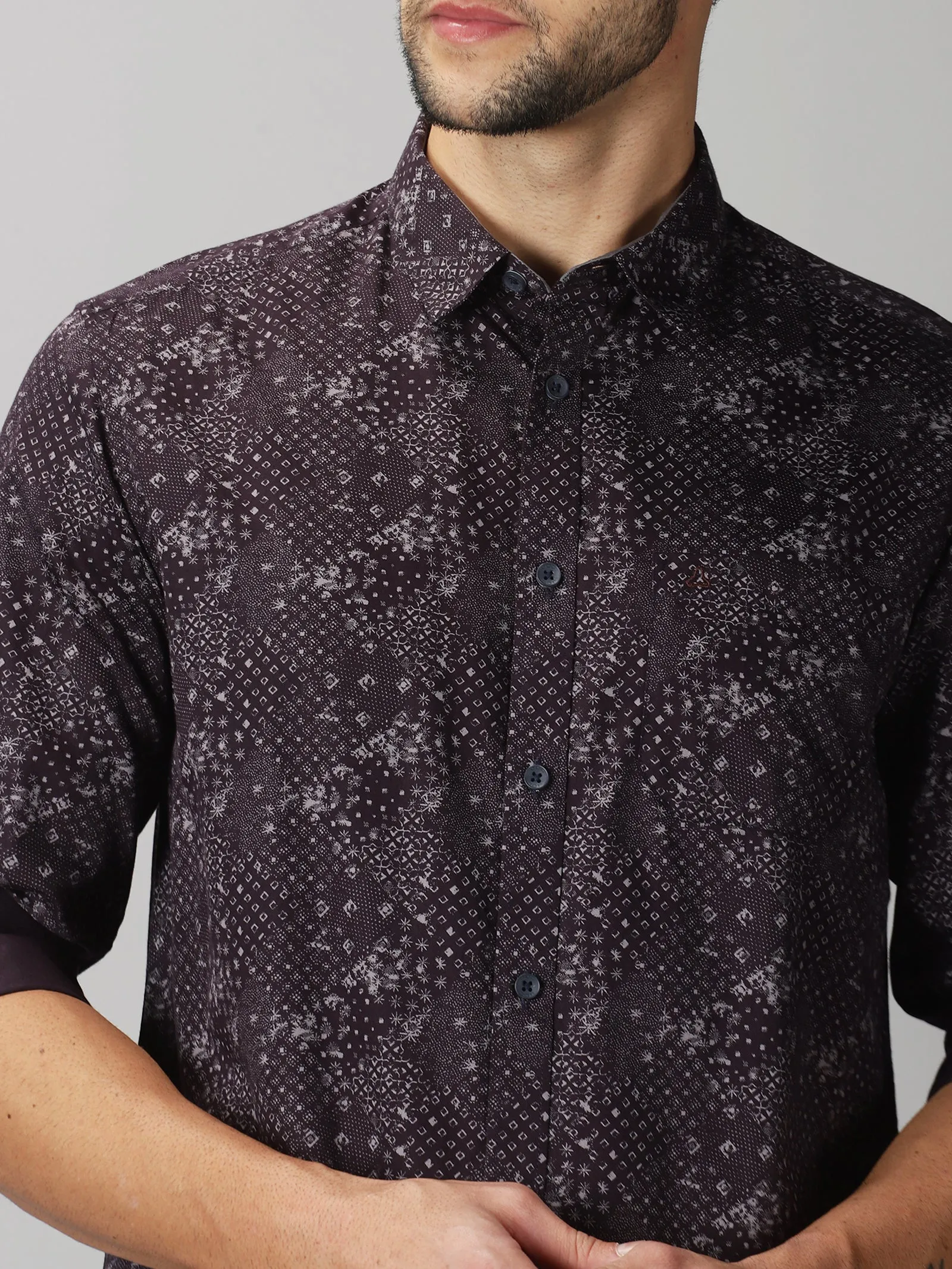 MEN'S BROWN PRINT SLIM FIT SHIRT