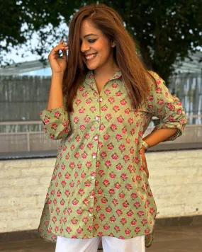 Moss Green Printed Cotton Aline Shirt