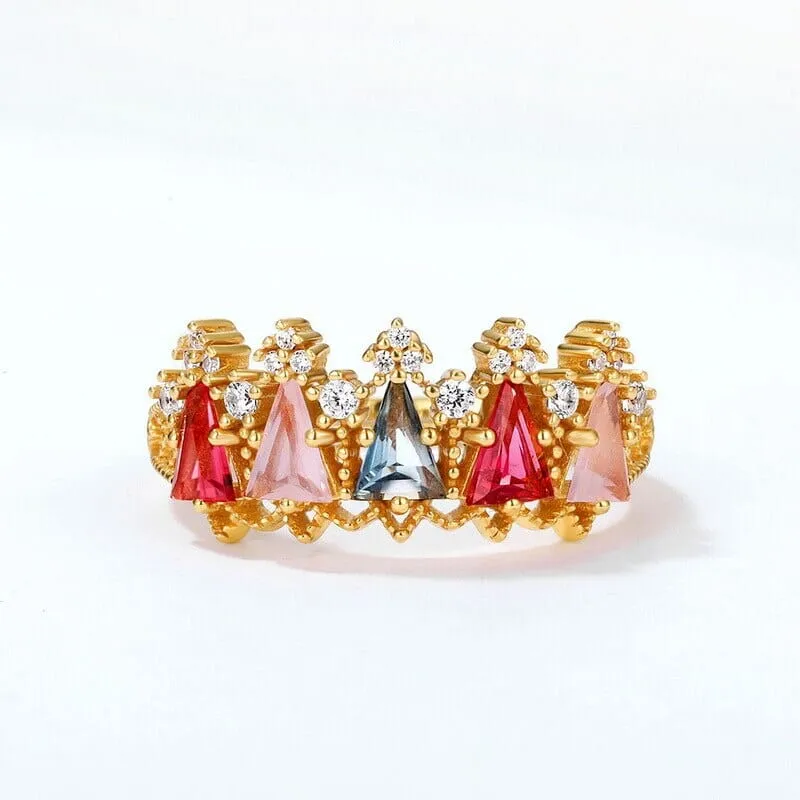 Multicolor Triangle Crystal Gold Plated Resizable Crown Ring - 925 Sterling Silver