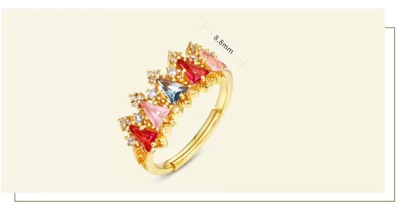 Multicolor Triangle Crystal Gold Plated Resizable Crown Ring - 925 Sterling Silver