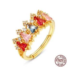 Multicolor Triangle Crystal Gold Plated Resizable Crown Ring - 925 Sterling Silver