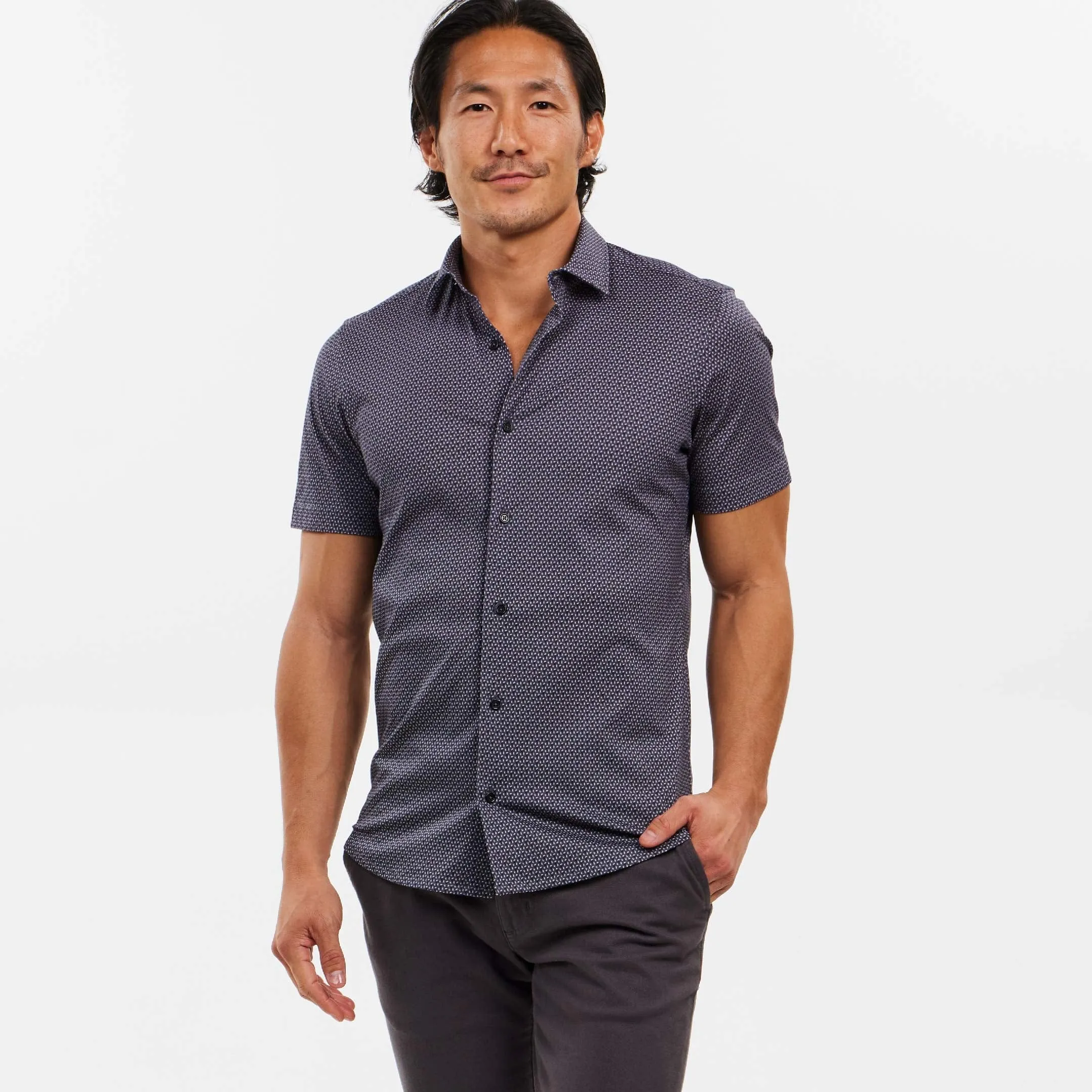 Navy Print Mélange Short Sleeve Performance Stretch Shirt