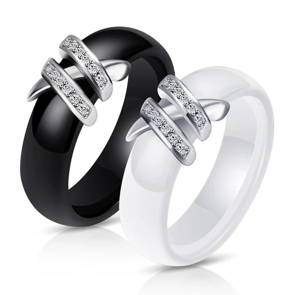 New Simple Style Two Line Crystal Ziron Ceramic Rings For Women