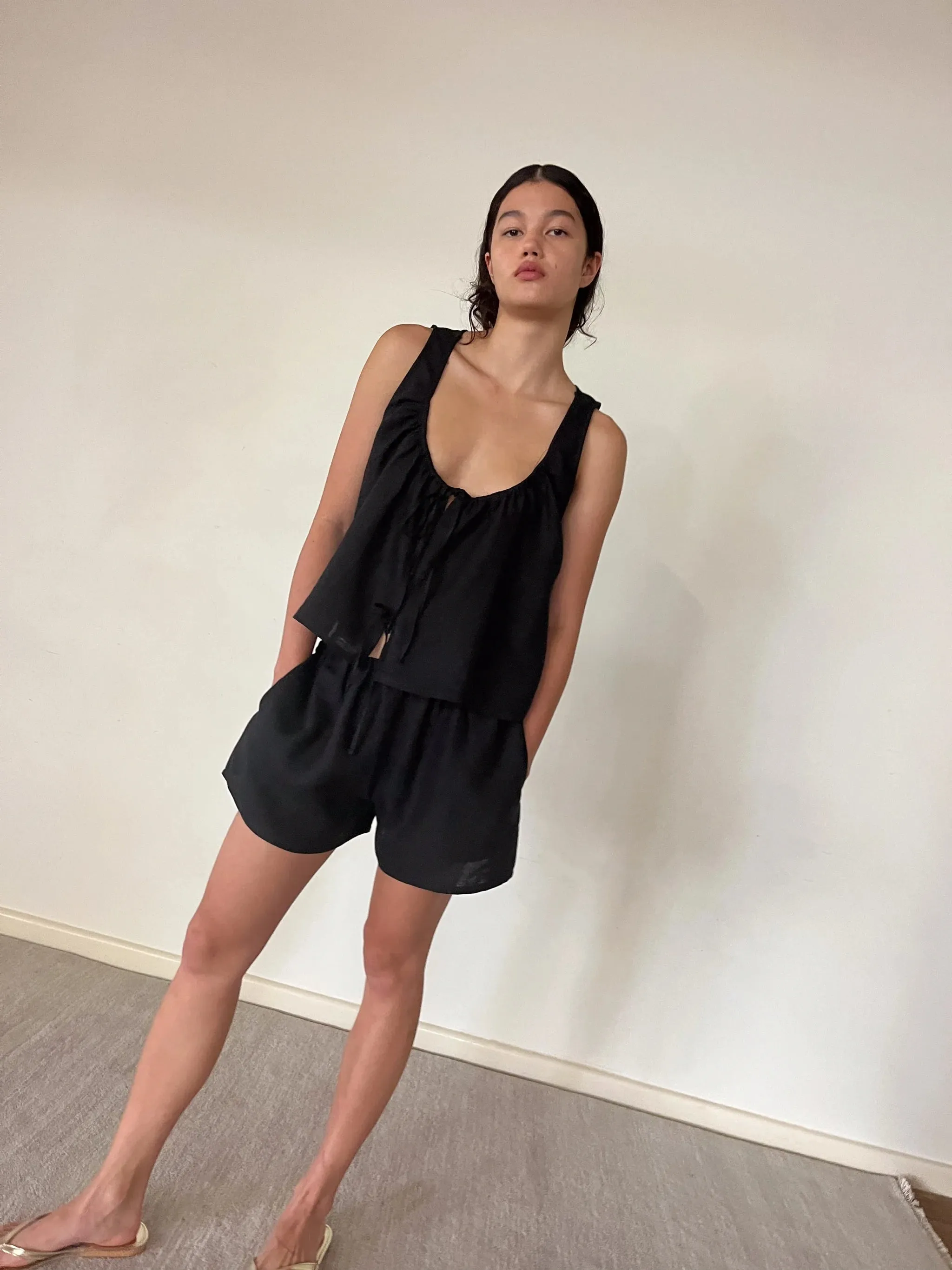 Open Linen Short Set - Black