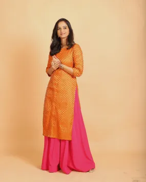 Orange Brocade Kurta With Pink Skirt - Set of 2