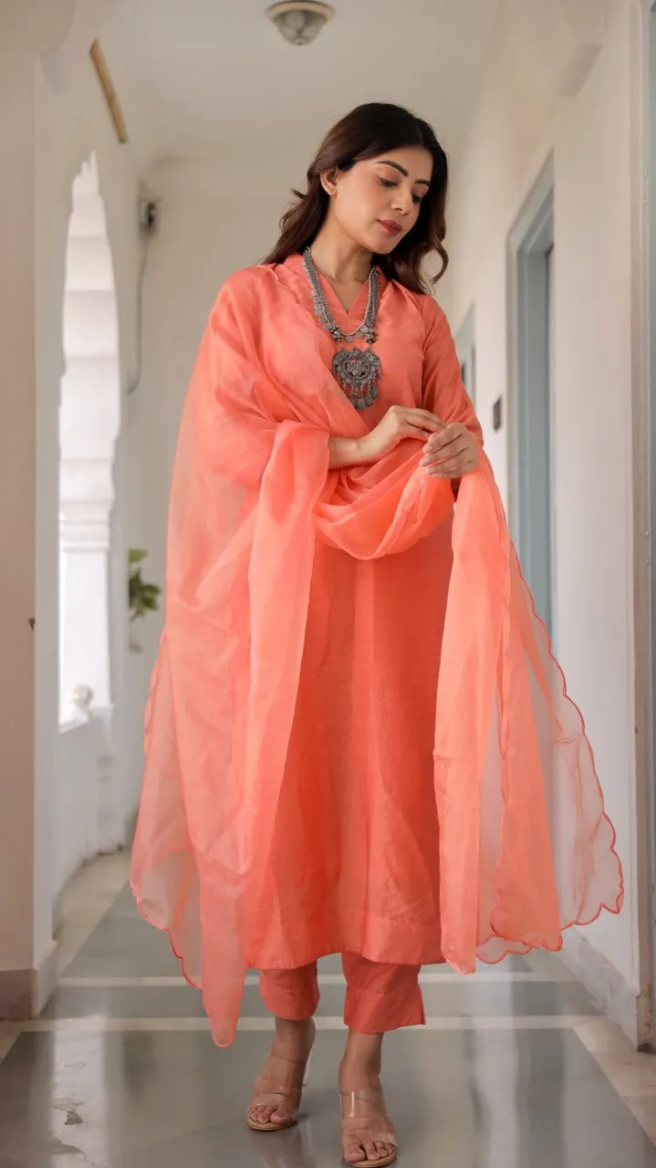 Orange Muslin Straight Set With Organza Dupatta