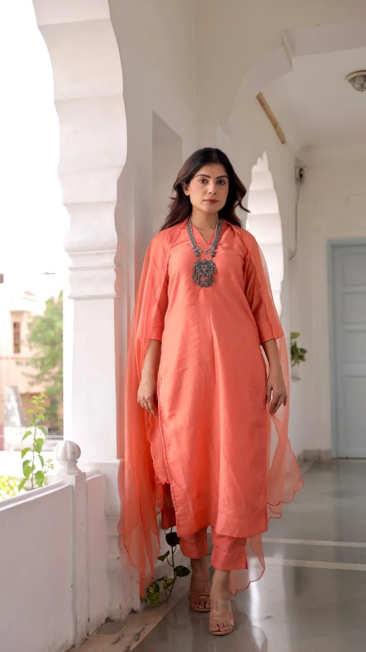 Orange Muslin Straight Set With Organza Dupatta