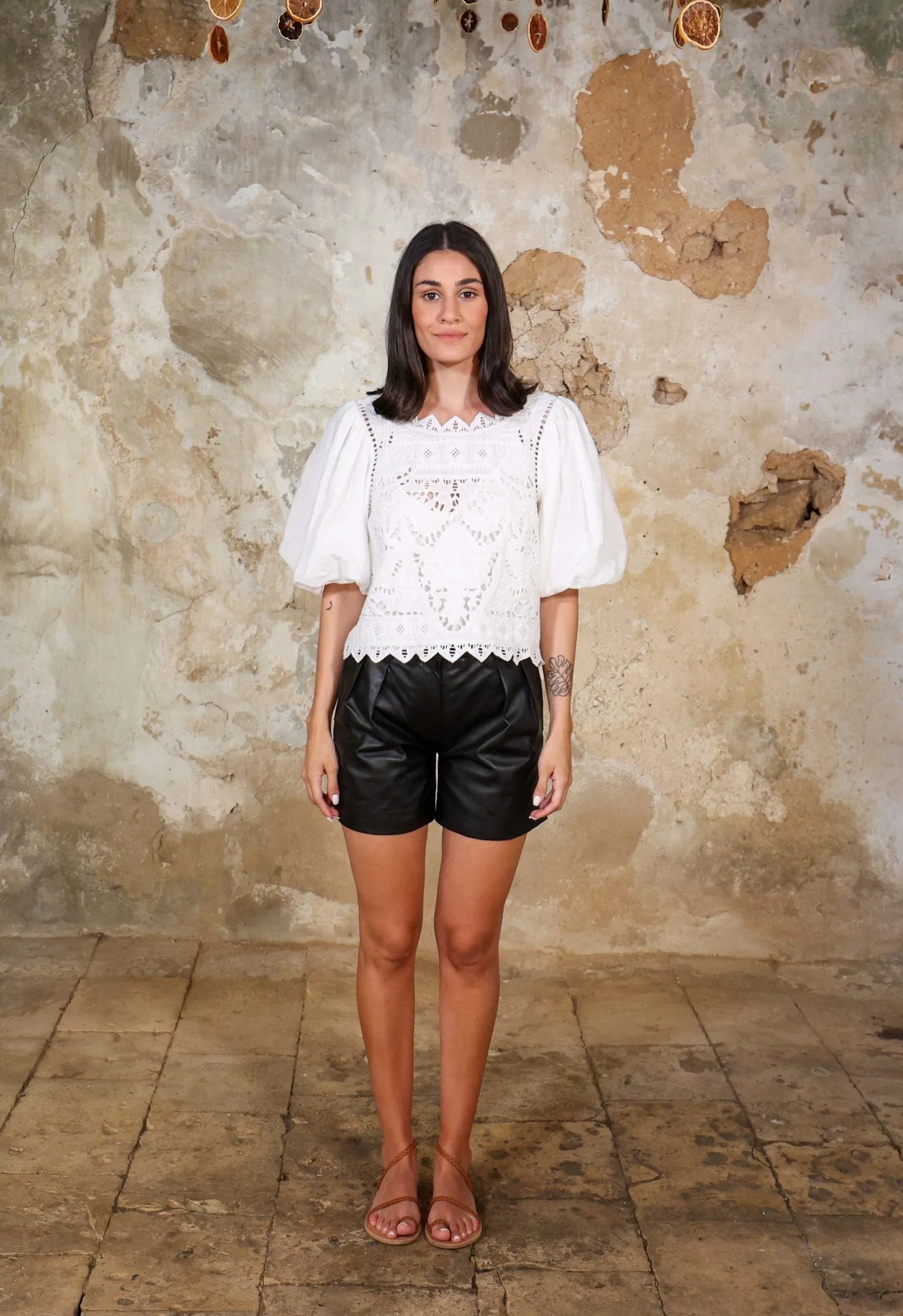 PRECIOUS TIME - THE CUTWORK EMBROIDERED LINEN BALLOON SLEEVE TOP